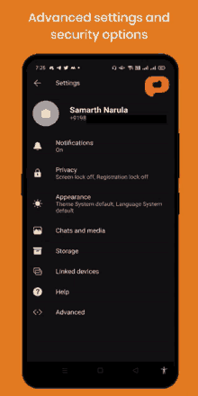 a phone screen shows advanced settings and security options for samarth narula