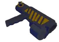 a blue and yellow toy gun with a yellow triangle on the side