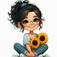 a girl with glasses is sitting on the floor holding a bouquet of sunflowers .