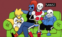 a group of cartoon characters are sitting on a green couch and the word sans is on the bottom right