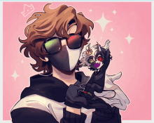 a drawing of a man wearing sunglasses and a mask holding a stuffed animal