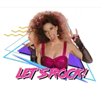 a woman making a rock sign with the words let 's rock on the bottom