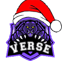 a purple panther wearing a santa hat with the word verse on it