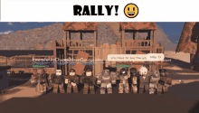 a group of roblox characters are standing in front of a castle with the words rally on the top