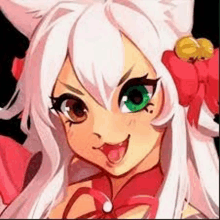 a close up of a cartoon girl with white hair and green eyes wearing a red dress .