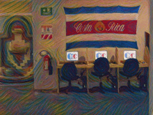 a painting of a computer room with a costa rica flag on the wall