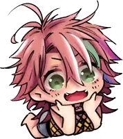 a chibi drawing of a person with pink hair and green eyes