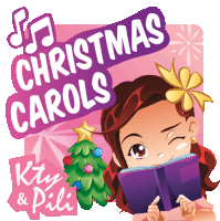 a girl is reading a book with the words christmas carols on the top