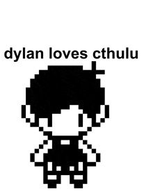 a pixel art of a boy with the words `` dylan loves cthulhu '' written below him .