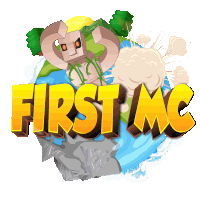 a logo for a game called first mc with a cartoon character in the background