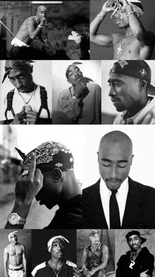 a collage of photos of tupac shakur shows him in many different positions