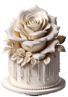 a white cake with a large white rose on top and the letters a.c. on the bottom