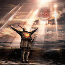 a man in a knight 's outfit is standing in front of a cloudy sky