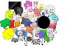 a group of cartoon characters are standing next to each other .