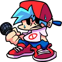 a cartoon character is singing into a microphone while wearing a red hat and blue shorts .