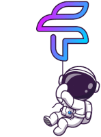 a cartoon drawing of an astronaut hanging from a balloon with a letter f behind him