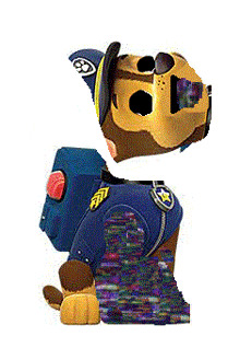 chase from paw patrol is wearing a mask and sunglasses and is standing next to a pile of books .