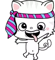 a cartoon cat wearing a pink and blue striped scarf