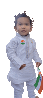 a little boy wearing a white shirt and pants holds an indian flag