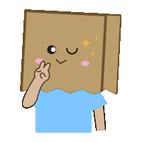 a cartoon character with a cardboard box on his head giving a peace sign