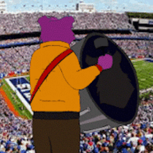 a cartoon of a bear holding a megaphone in front of a stadium full of people