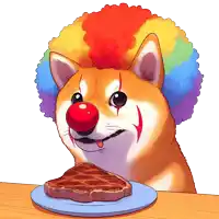 a dog with a clown wig on eating a steak