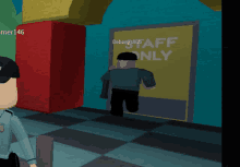 a man in a video game is running towards a door that says " staff only "