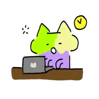 a cartoon of a cat sitting at a desk with a laptop and a clock