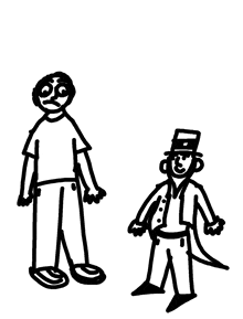 a black and white drawing of a man standing next to a man in a top hat .