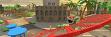 a blurred image of a video game scene with a building in the background .