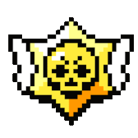 a pixel art drawing of a yellow smiley face with wings .