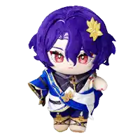 a stuffed doll with purple hair and a yellow flower on his head