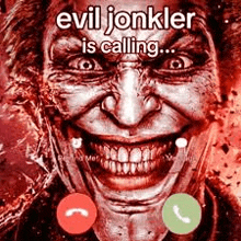 the joker is talking on a cell phone .