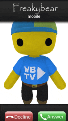 a freakybear mobile app shows a stuffed animal wearing a wb tv shirt