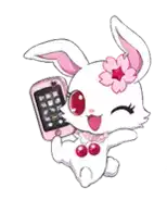 a cartoon rabbit with a flower on its head is holding a cell phone .