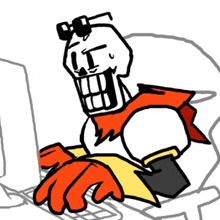 papyrus is sitting in front of a laptop computer with sunglasses on his head .