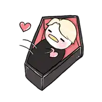 a cartoon of a duck laying in a coffin with hearts around it