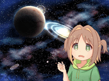 a girl is smoking a cigarette in front of a planet in space