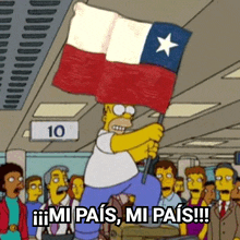 a cartoon of homer simpson holding a flag and saying mi pais