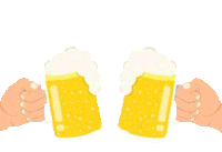 two hands toasting with beer mugs with foam on top