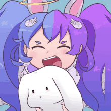 a cartoon drawing of a girl with purple hair holding a white bunny