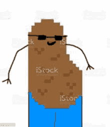 a pixel art illustration of a potato wearing sunglasses and blue jeans .