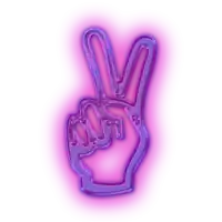 a neon sign of a hand giving a peace sign in purple