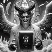 a black and white illustration of a demon holding a book titled balon 168