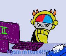 a drawing of a monster sitting in front of a computer with the words 1ysm m1tun4 written on the bottom