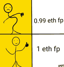 a stick figure giving a thumbs up and a stick figure giving a thumbs down with the words 0.99 eth fp