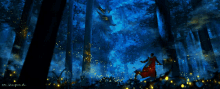 a woman in a red dress stands in a dark forest with a dragon flying overhead