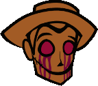 a cartoon drawing of a scarecrow with red eyes and blood coming out of his mouth .