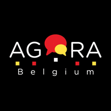 agora belgium logo on a black background with a red and yellow speech bubble