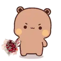 a cartoon bear is holding a bouquet of red roses in its hand .